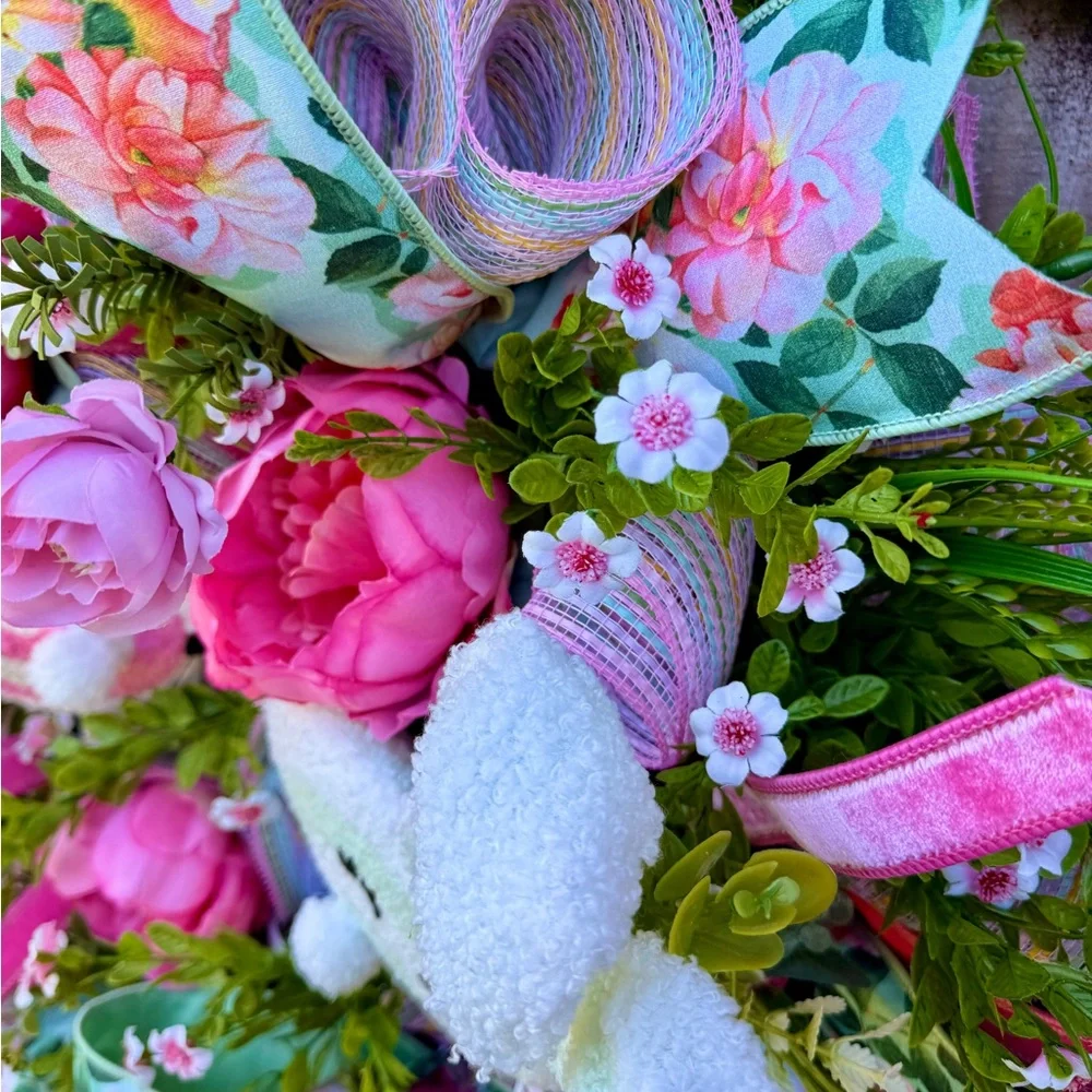 Floral Easter Bunny Wreath with Pink Accents